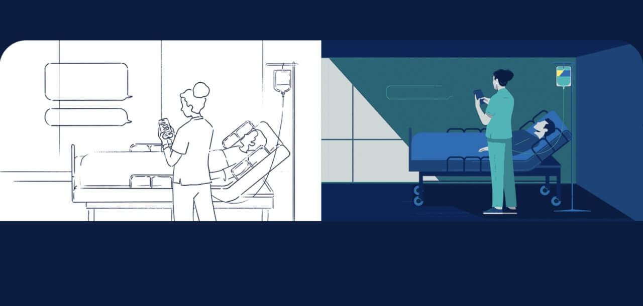 Image of a sketch and finished scene from the AirTower 2D animation explainer video