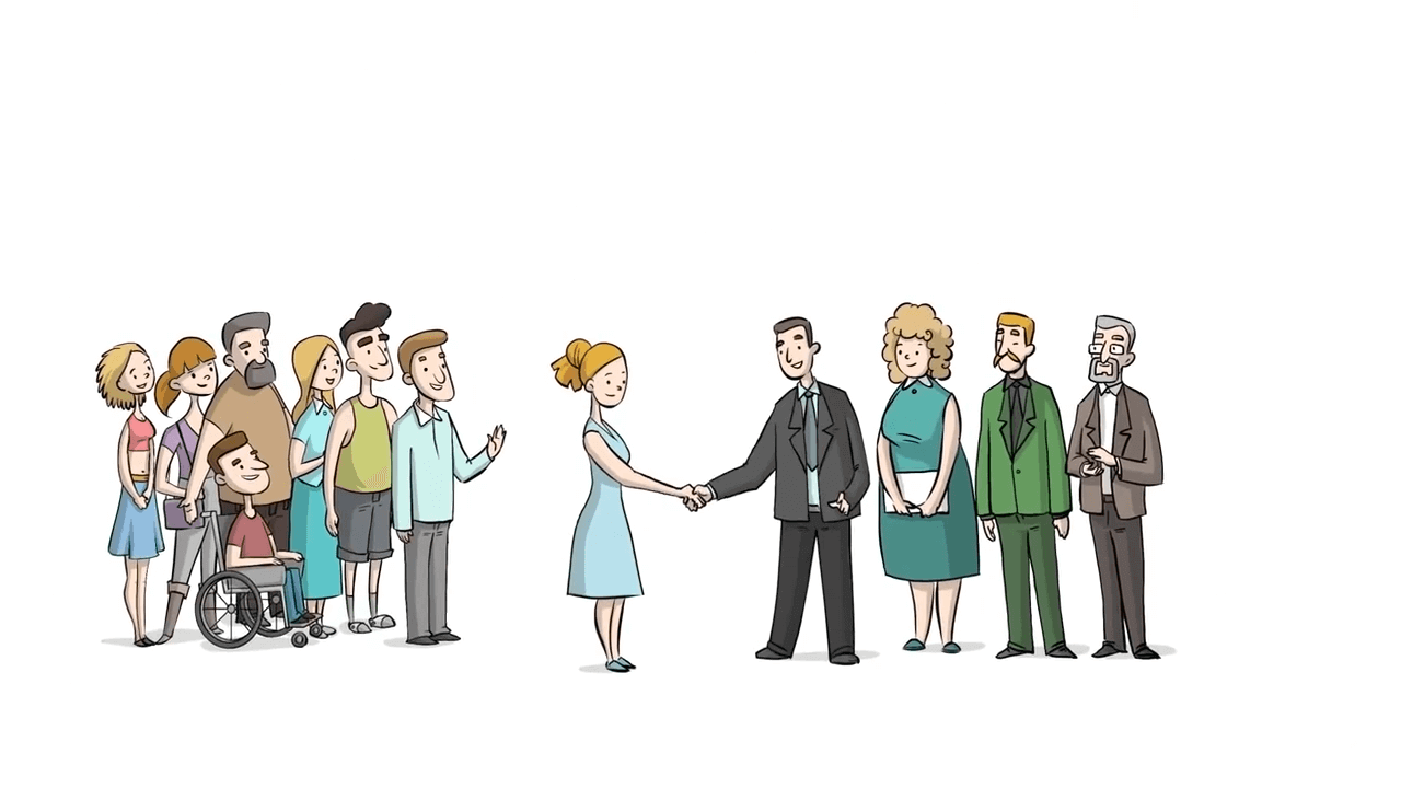 animated group of people and man shaking woman's hand