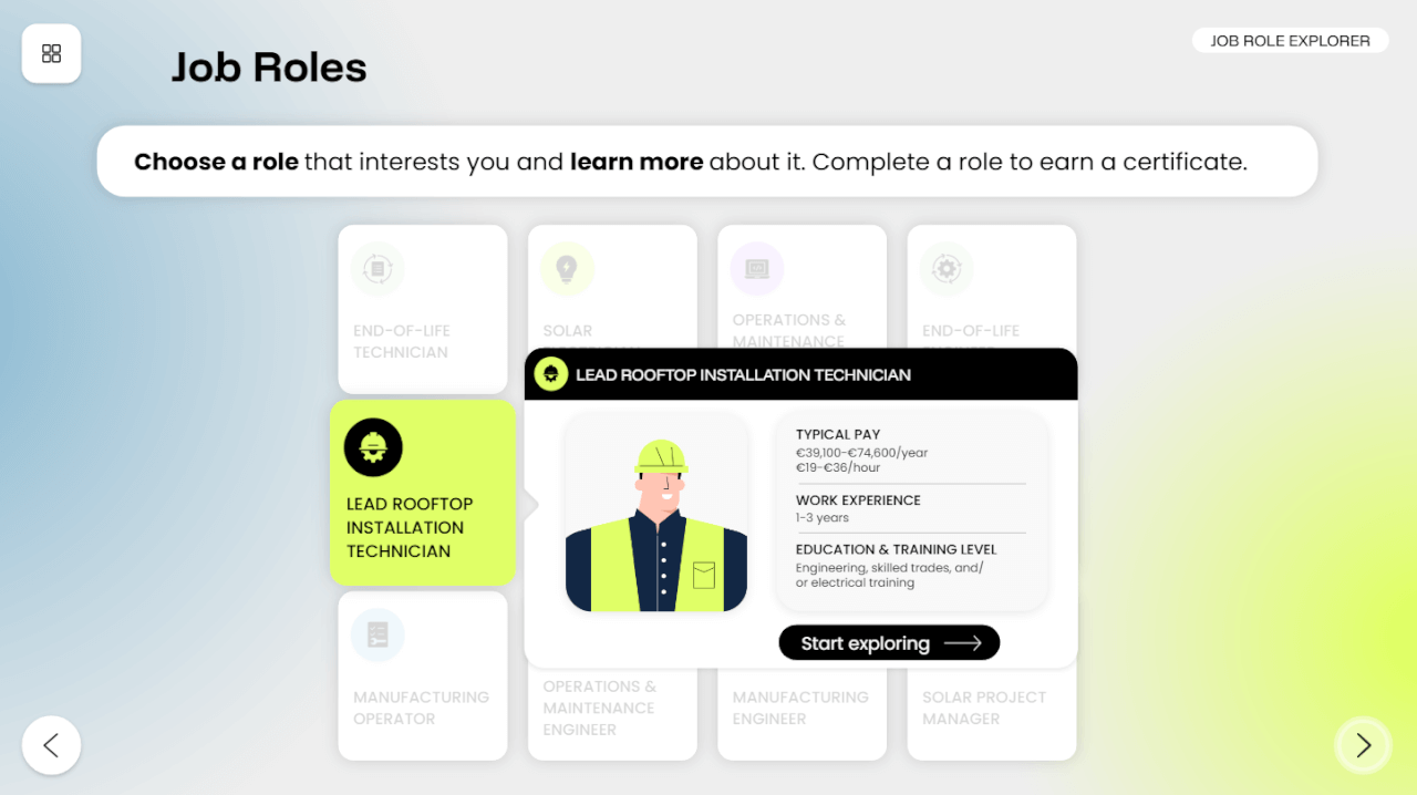 Screenshot from e-learning course for Gen-Z students showing the Job Roles - LEAD ROOFTOP INSTALLATION TECHNICIAN chosen