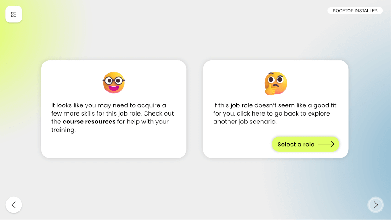 Image showing a branching e-learning scenario with role selection cards and guidance for choosing a better job fit.