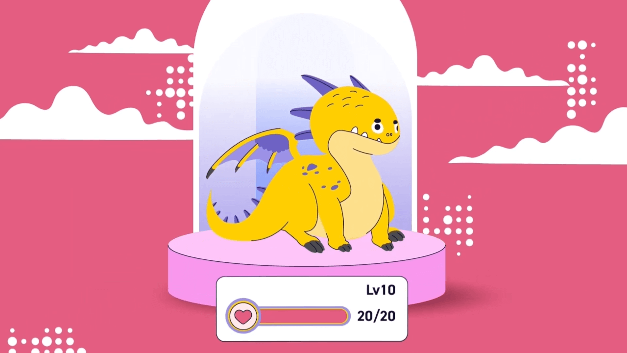 Screenshot from a Game analytics | 2D motion graphics video showing a dragon character with the inscription level 10, full health