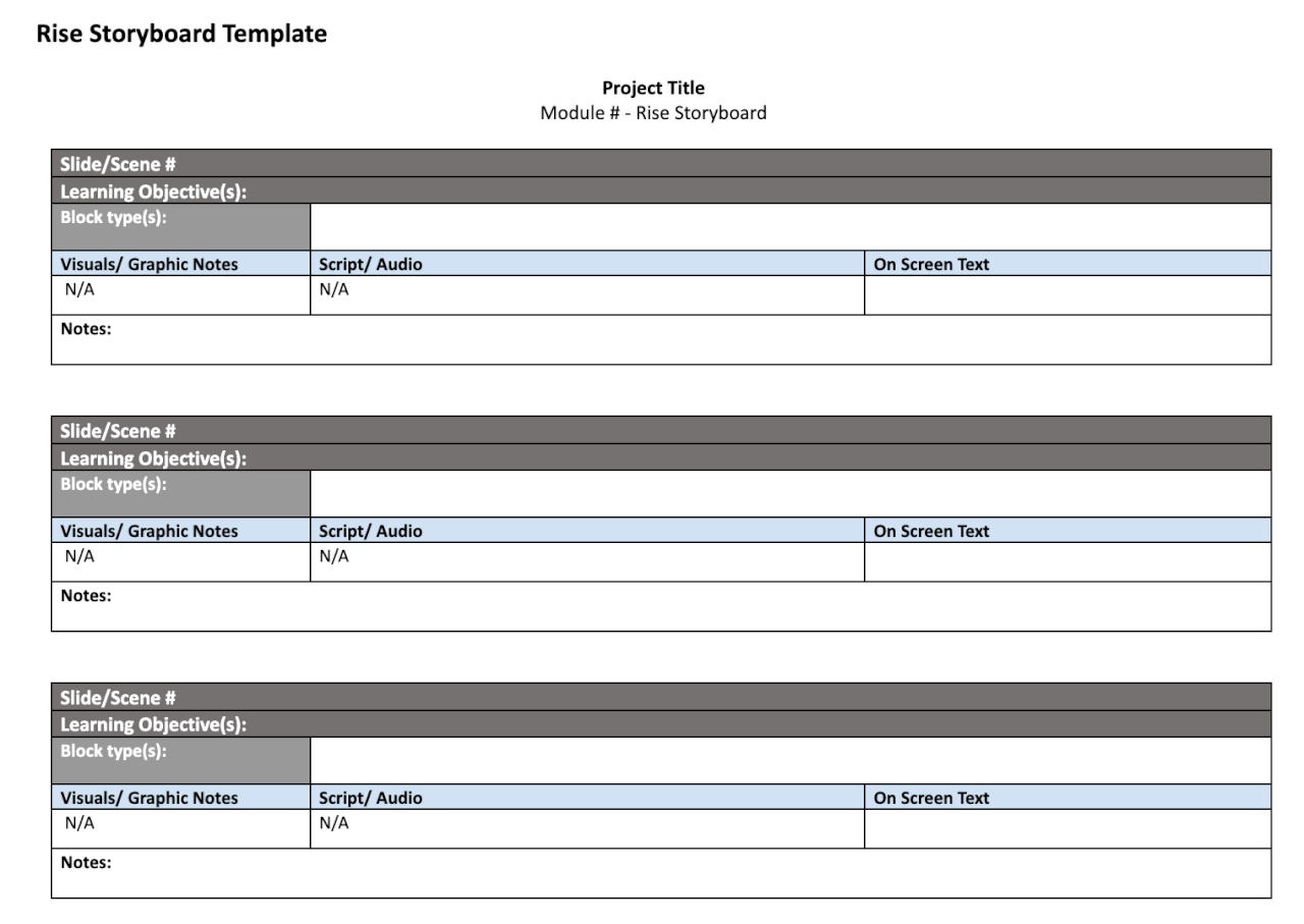 image showing a Rise storyboard template including project title, slides, objectives, visuals, scripts, and notes