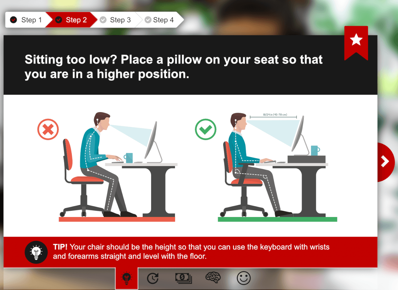 Screenshot showing correct vs incorrect sitting posture at desk, advising to raise seat with pillow for better ergonomics