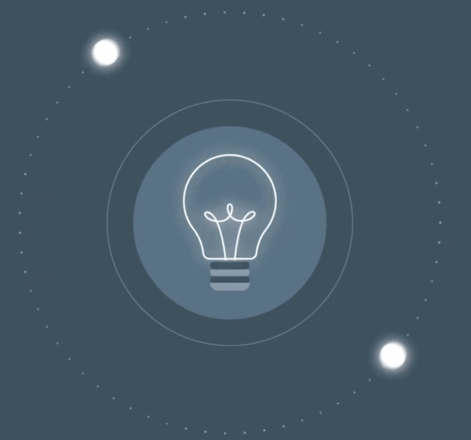 Blue abstract illustration of a glowing light bulb with circular waves and small dots on a soft gradient background.