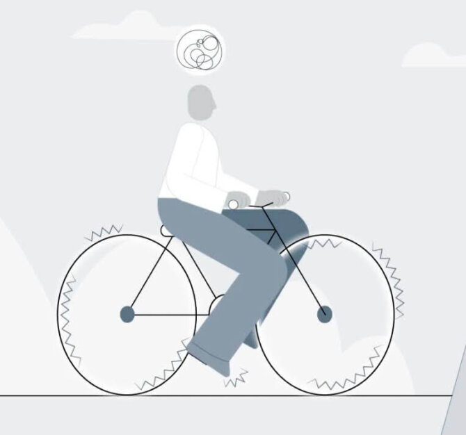 Animated illustration of a person riding a bicycle, with abstract thought bubbles above the head on a light background.