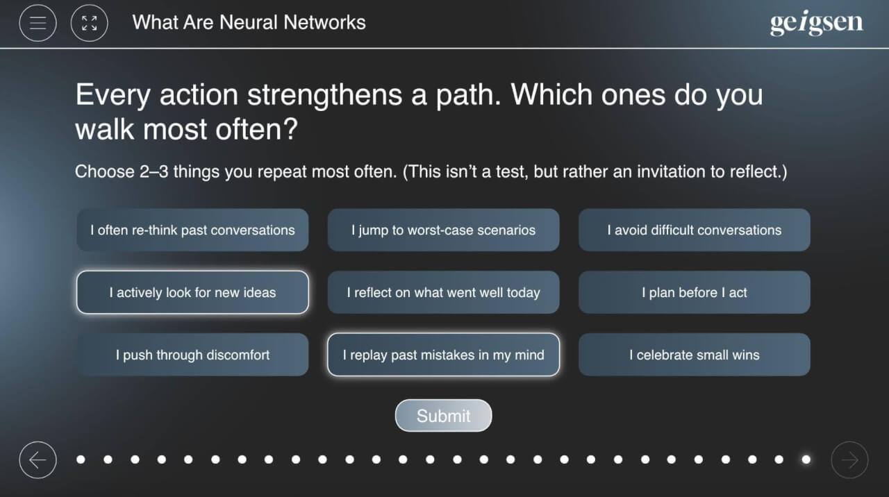 Screenshot from Geigsen showing “What Are Neural Networks” quiz with multiple choice options and a submit button.
