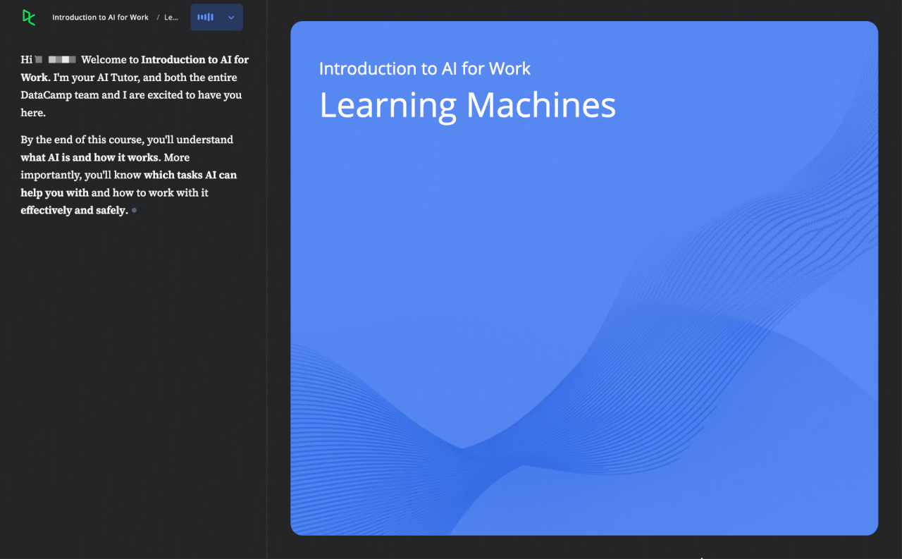 Image showing “Introduction to AI for Work” course screen with “Learning Machines” title and intro text on the left panel