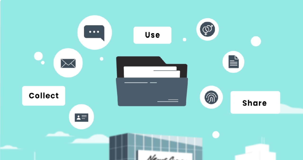 Screenshot from News Corp showing data collection, use, and sharing icons around a folder with documents in a digital environment