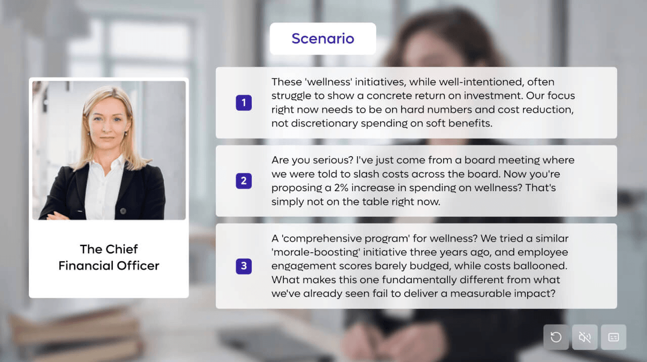 Image showing CFO scenario with portrait and three statements questioning ROI and costs of employee wellness initiatives