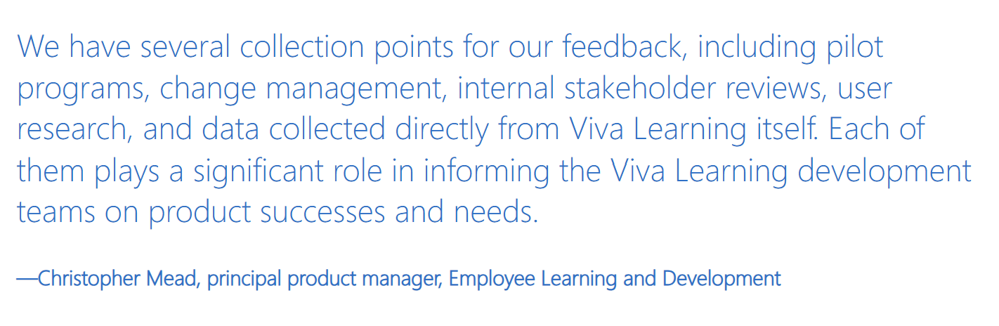 Image showing a laptop screen displaying a Viva Learning feedback quote by Christopher Mead on a presentation slide