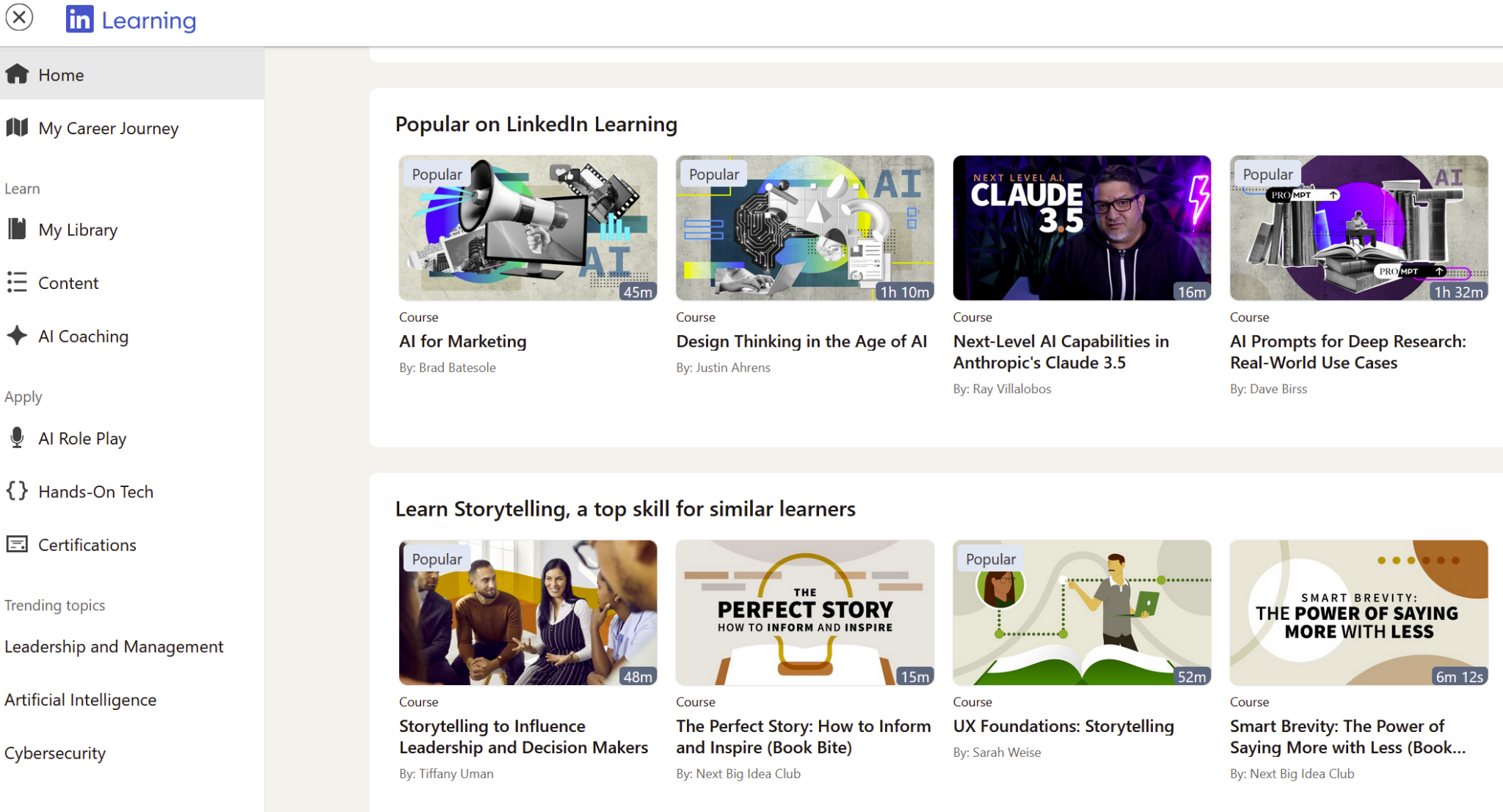 Screenshot shown LinkedIn Learning homepage showing recommended AI and storytelling courses, with navigation menu and course thumbnails in a grid layout