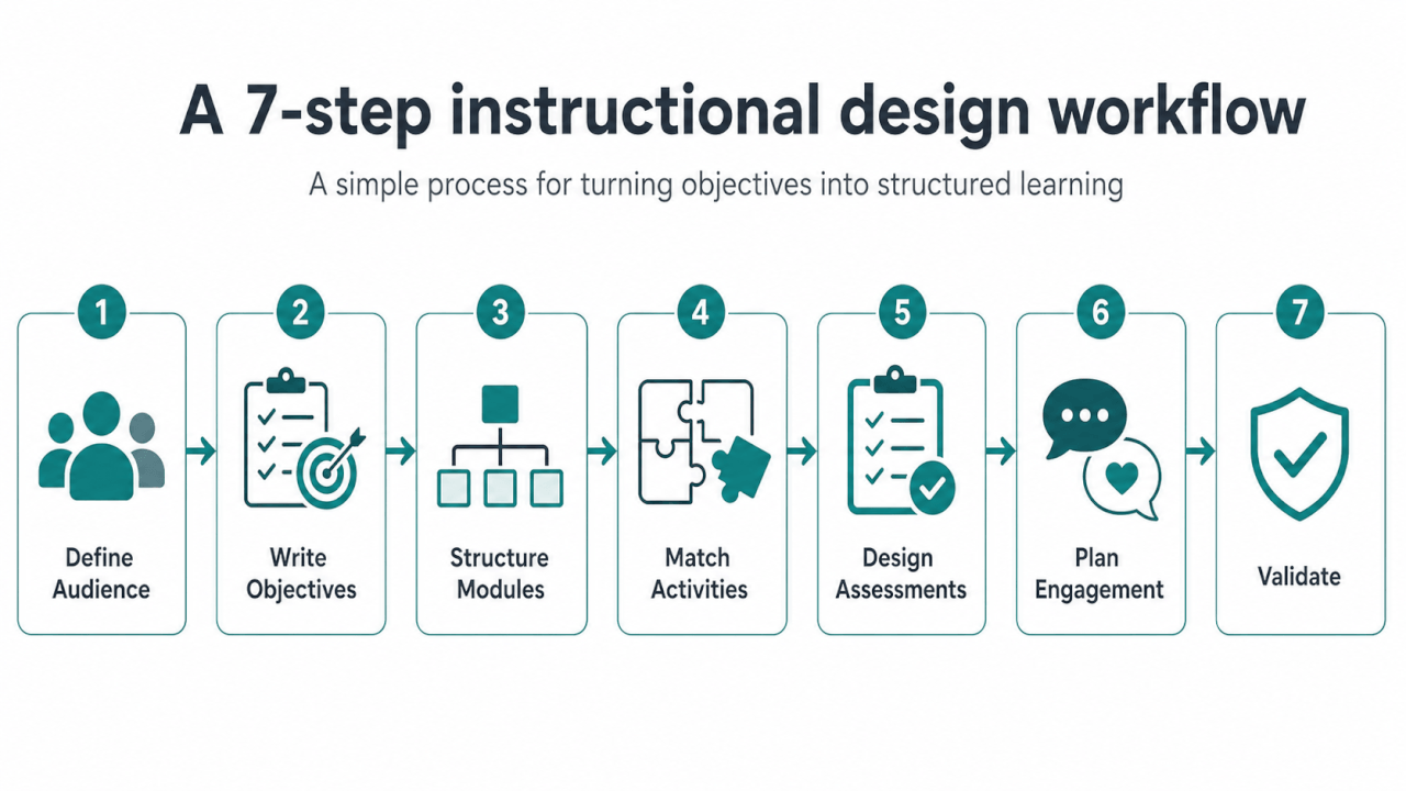 Image showing a 7-step instructional design workflow from defining audience to validating the learning experience.