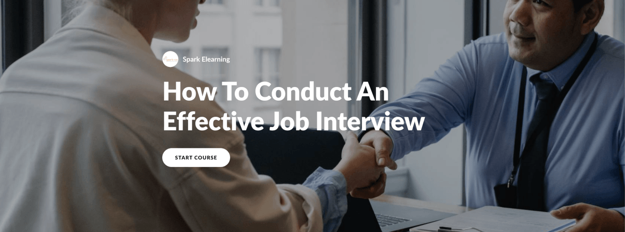 Image showing recruiter and candidate shaking hands during a job interview, with course title and start button overlay.
