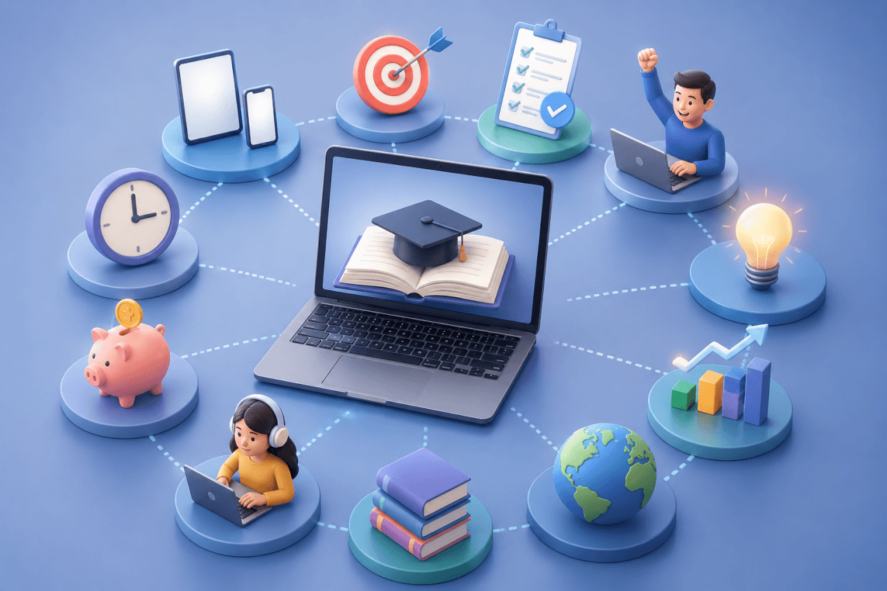 Image showing online learning platform with laptop, students, books, goals, analytics, devices, globe and study icons.