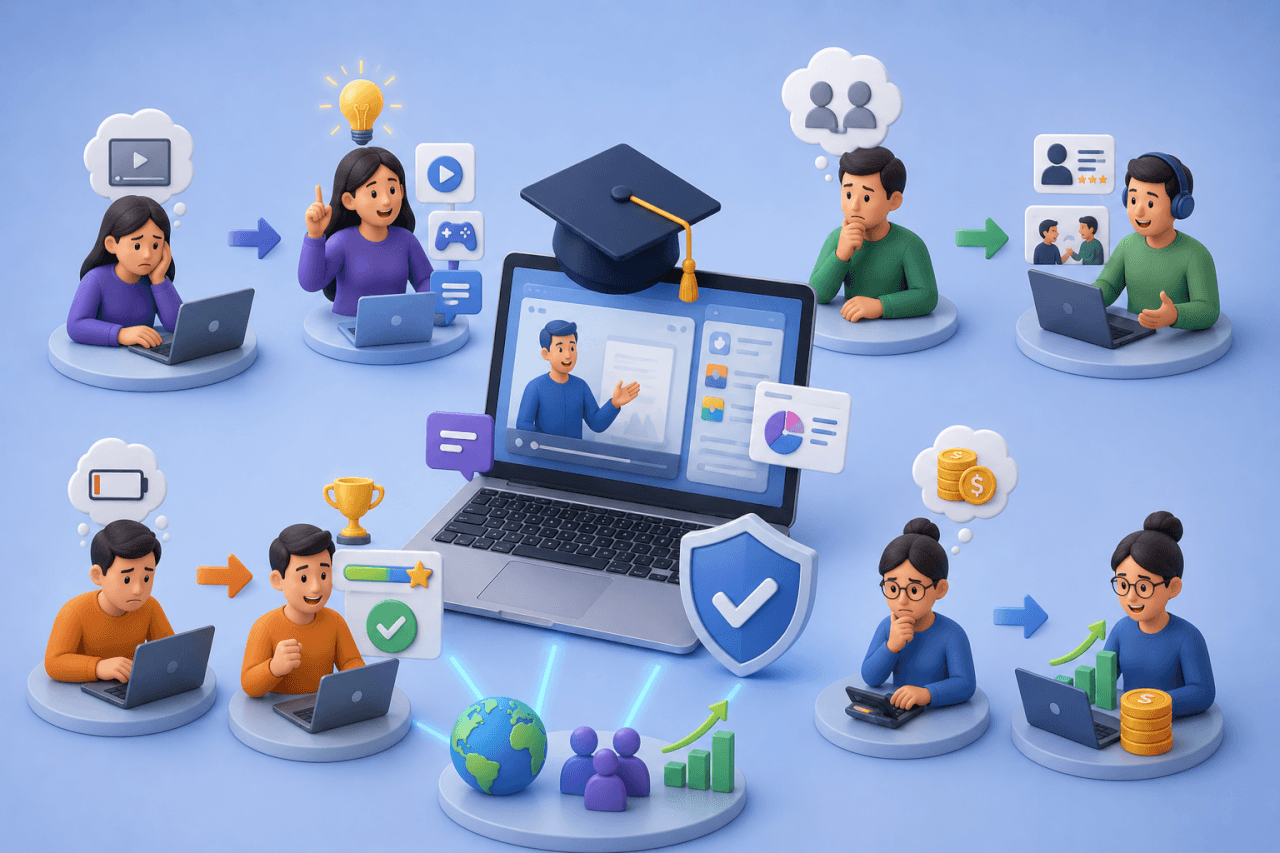 Image showing e-learning platform transforming learners through online courses, certification, skills growth and career success.