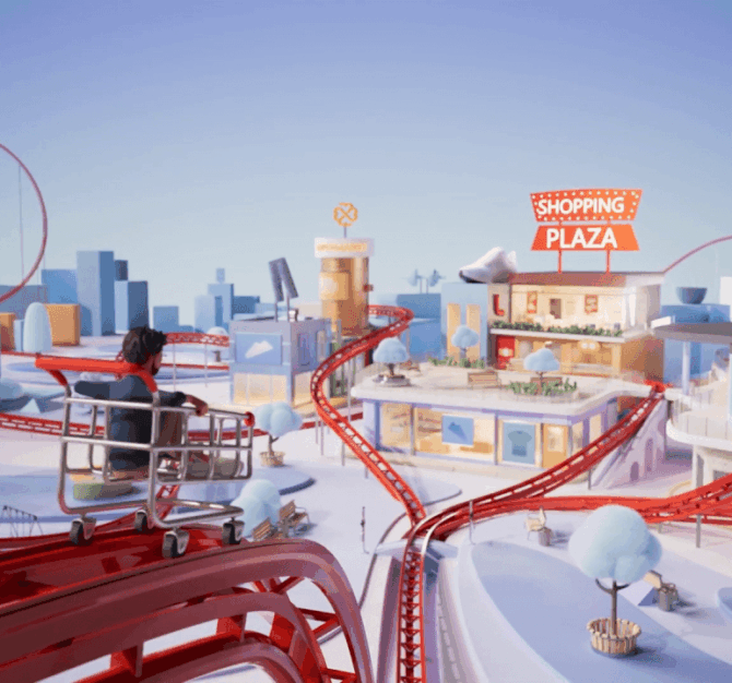 Image showing 3D video for iPaper featuring a shopping cart riding a roller coaster through a colorful city and shopping plaza