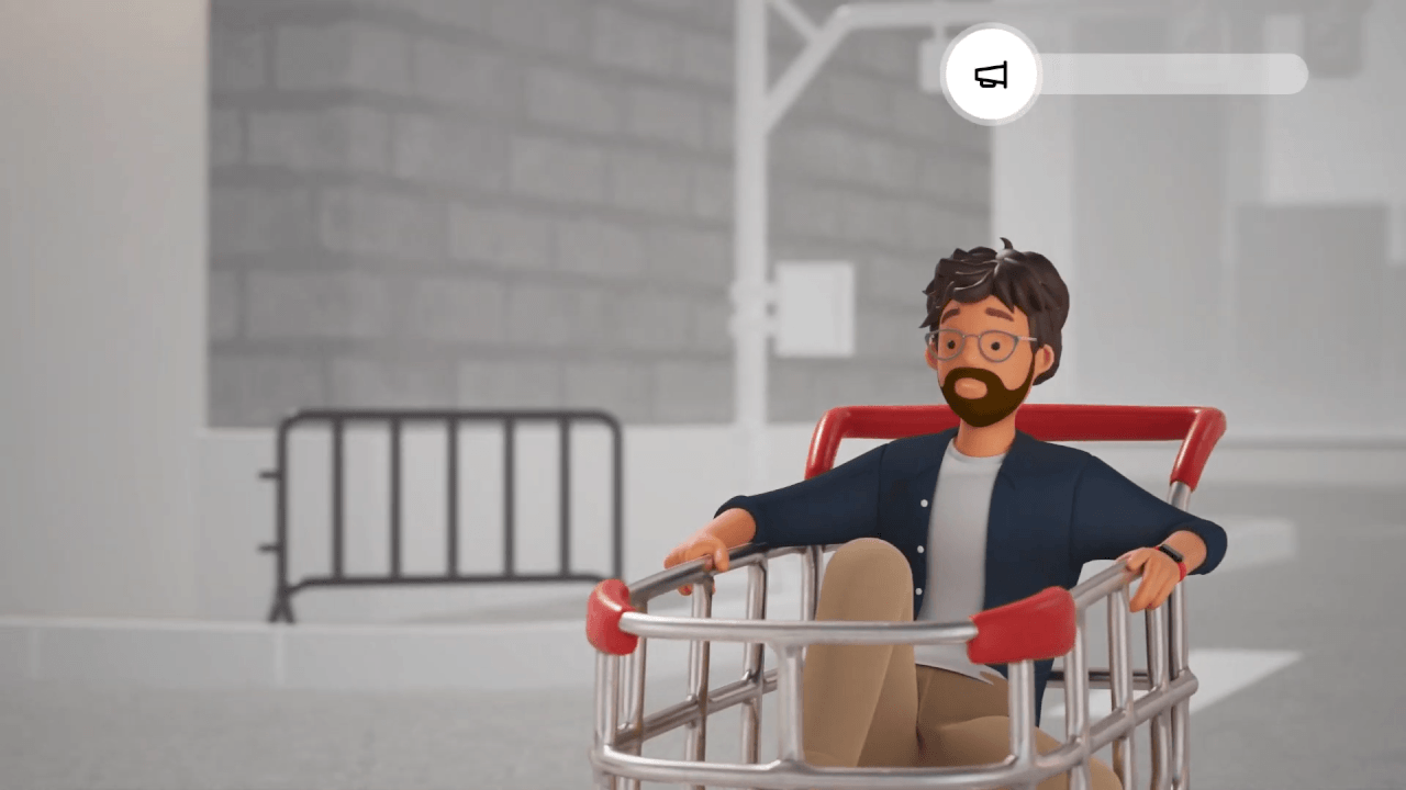 Image showing 3D video for iPaper featuring an animated character riding a shopping cart through a city, representing the retail customer journey