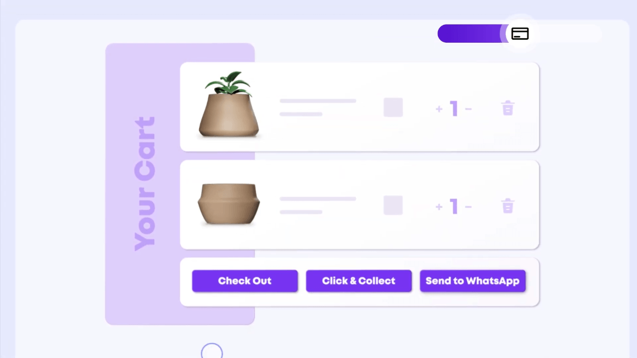Image showing 3D video for iPaper featuring a digital shopping cart with product selection and checkout, click-and-collect, and WhatsApp options
