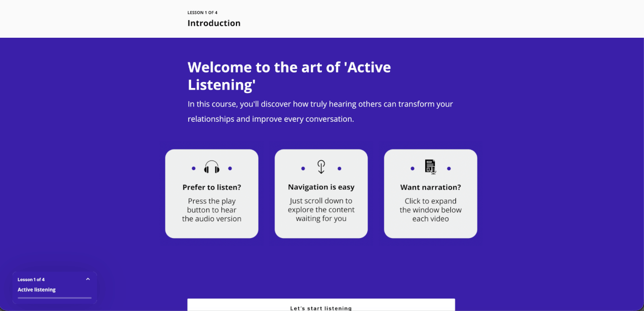 Image showing an online course introduction page with welcome message, navigation tips, audio option, and narration guidance.