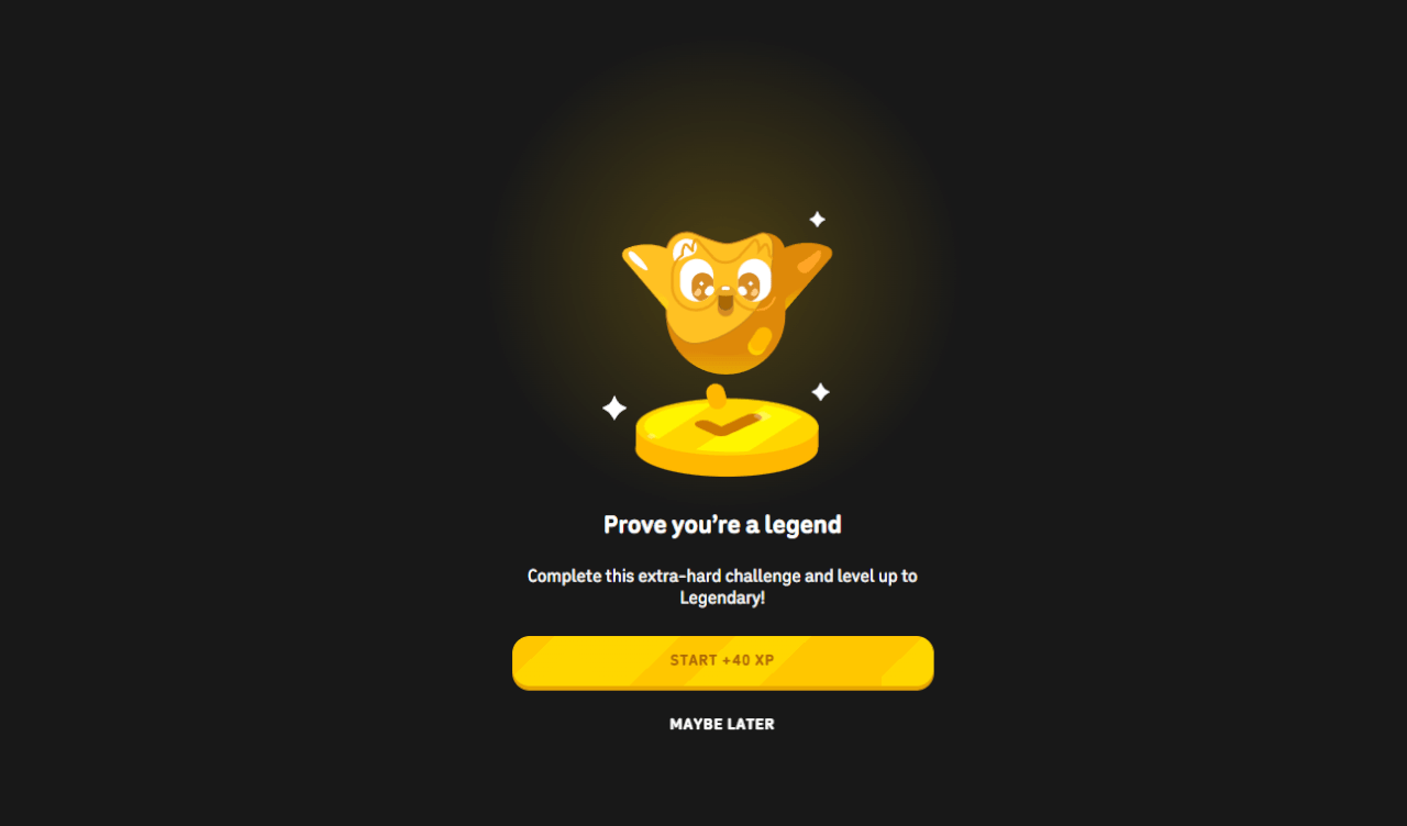 Image showing a dark challenge screen with a golden character, XP reward button, and “Prove you’re a legend” text
