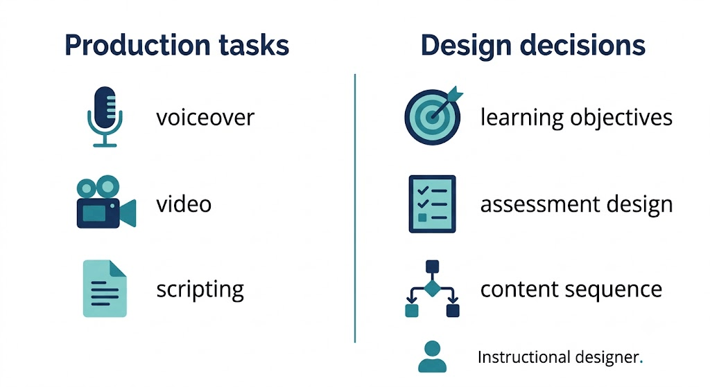Image showing production tasks and instructional design decisions, comparing content creation with learning design responsibilities.