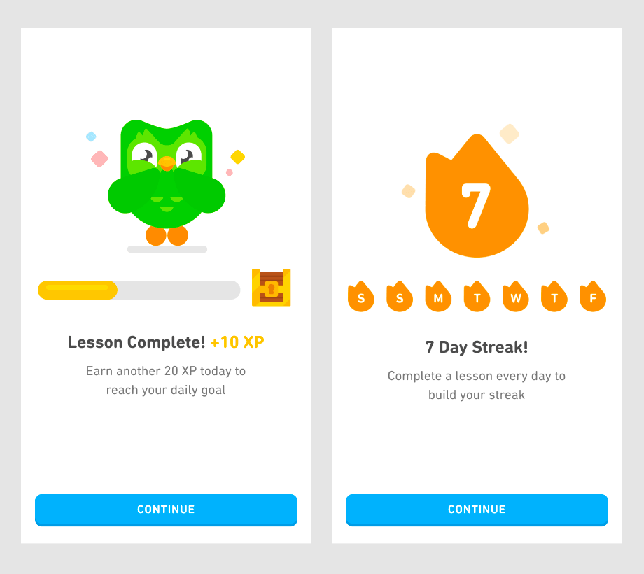 Image showing lesson completion with XP progress and a 7-day learning streak reward screen in a language learning app.