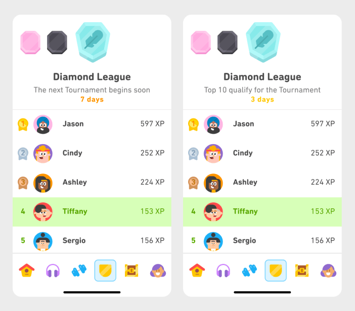 Image showing two Diamond League leaderboard screens with player rankings, XP points, and navigation icons.