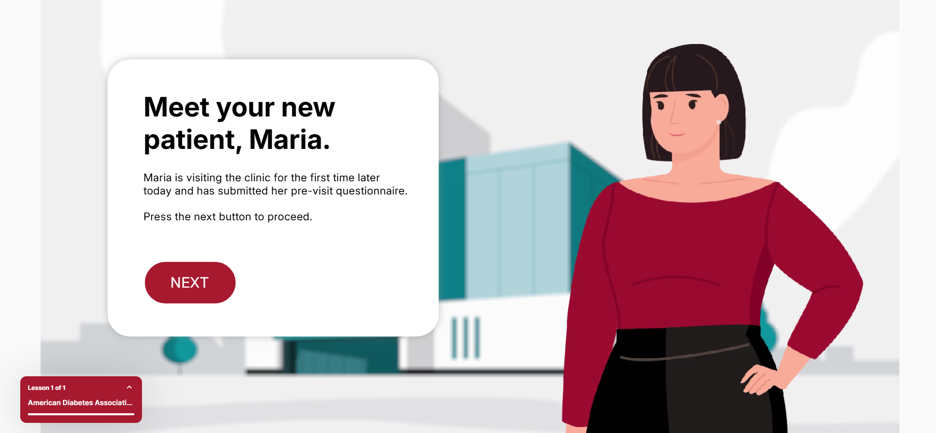 Image from ADA Case study showing: interactive lesson intro screen introducing patient Maria with a Next button to proceed