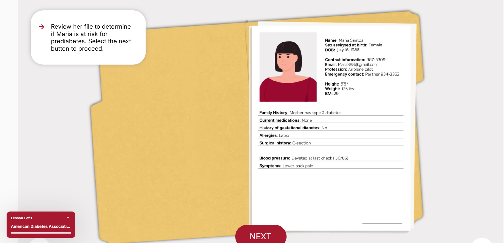 Image from ADA Case study showing: patient file for Maria Santos with medical history, prompting a prediabetes risk assessment