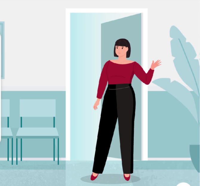Image from ADA Case study showing: illustrated woman waving from a doorway in a waiting room, welcoming patients