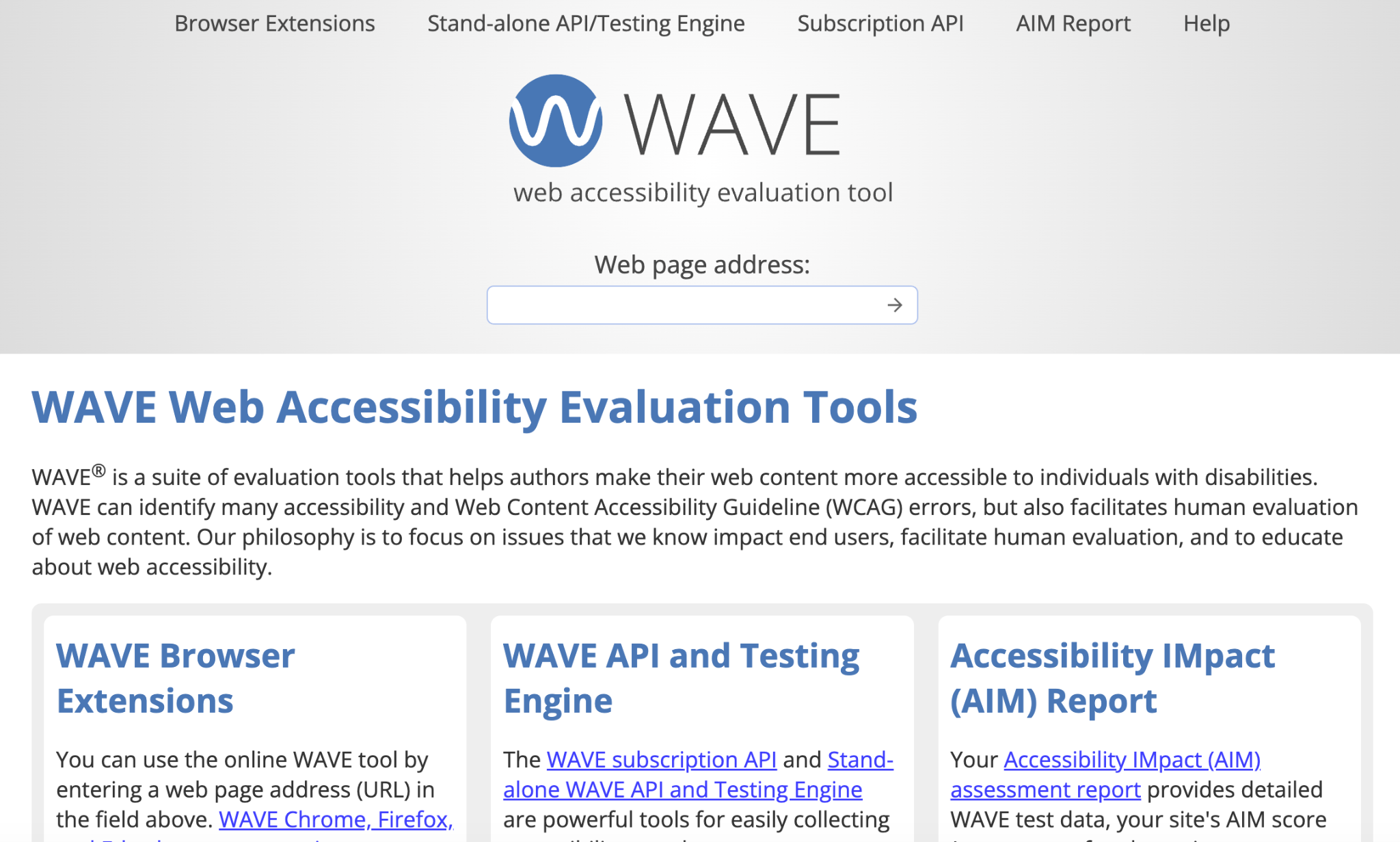 Image showing: WAVE web accessibility evaluation tool homepage with a URL input field and links to its testing tools